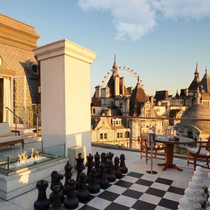 Whitehall Penthouse terrace with giant chessboard and London view